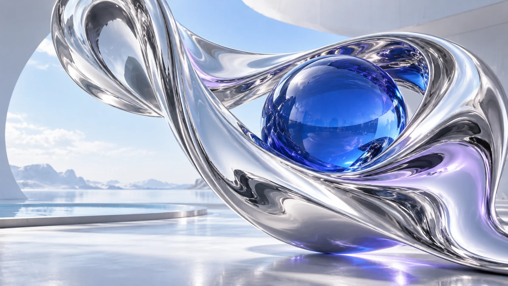 Sculptural liquid chrome surrounding a cobalt blue glass sphere