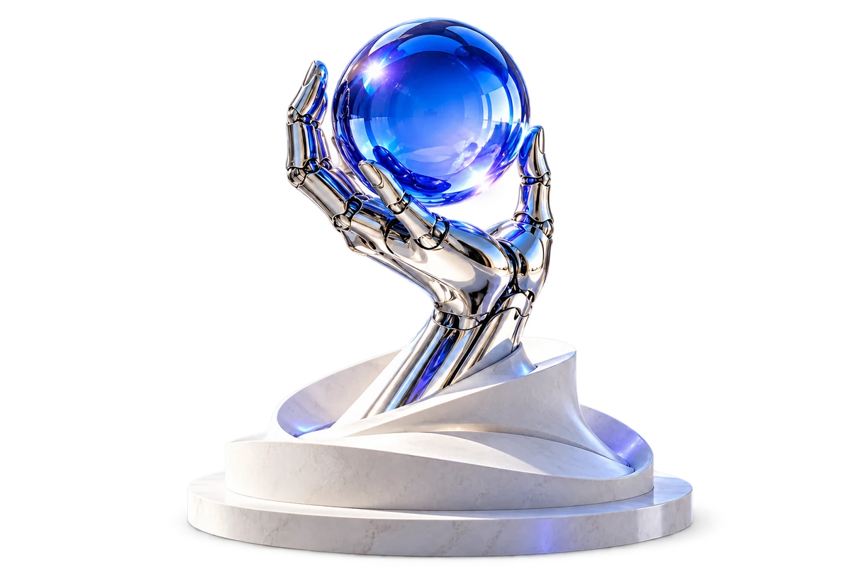 Chrome hand holding a blue glass sphere from Mecha AI Platform